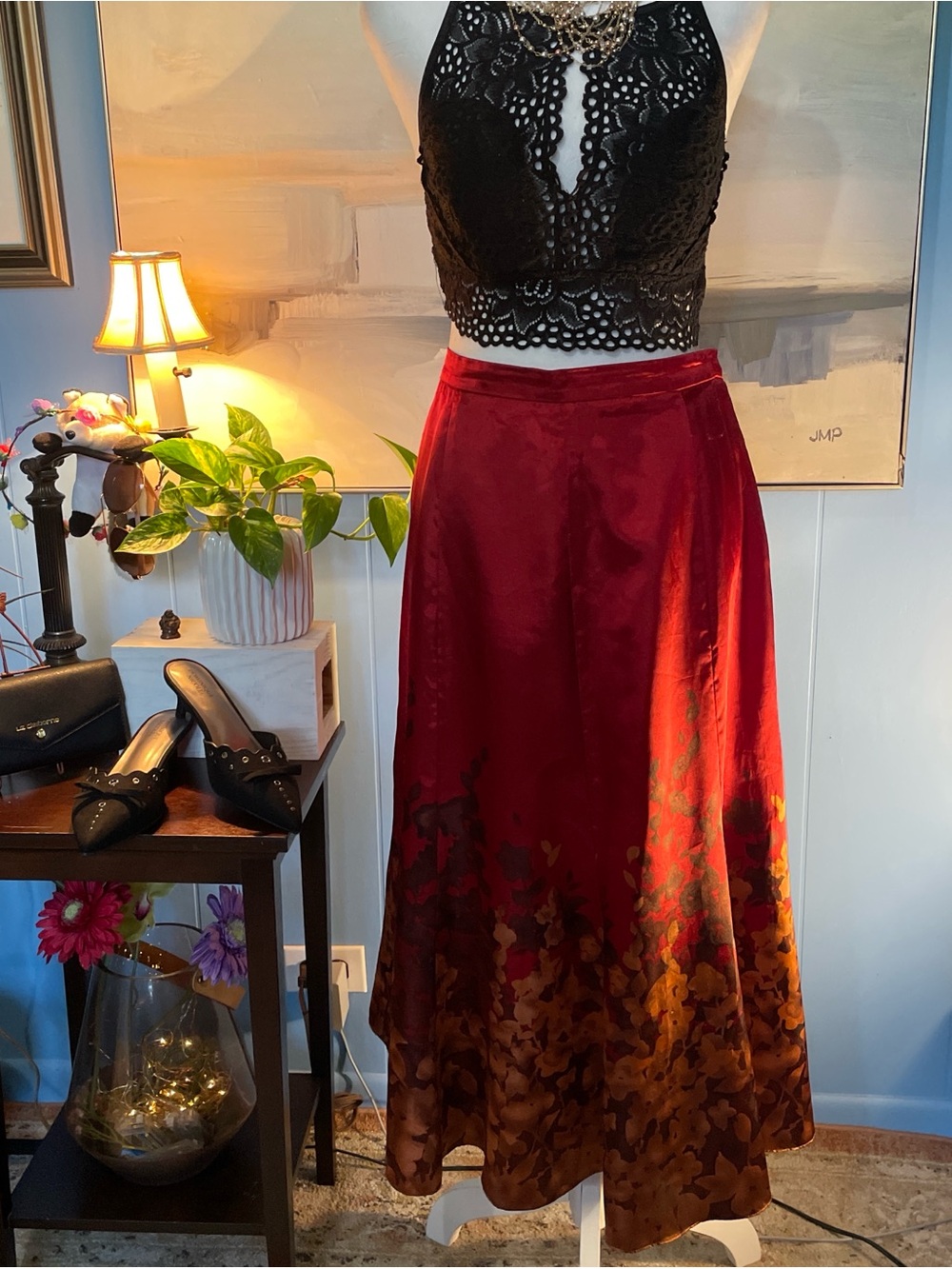 Coldwater Creek Red and Brown Satin Floral-Detail Maxi Skirt